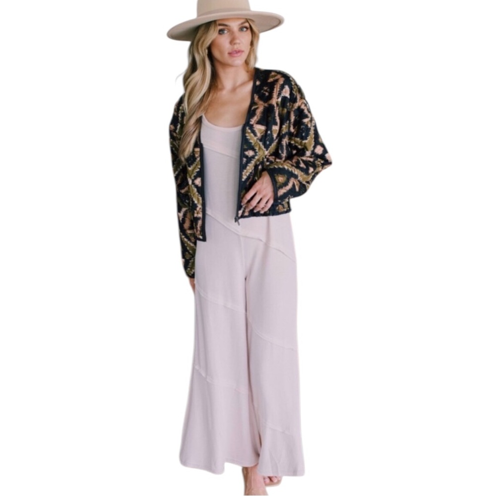 Free People Peggy Ikat Black and Gold Quilted Bomber Jacket